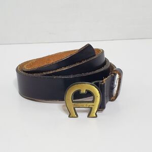 Vintage Etienne Aigner Black Split Leather Belt Size M Logo Buckle Womens